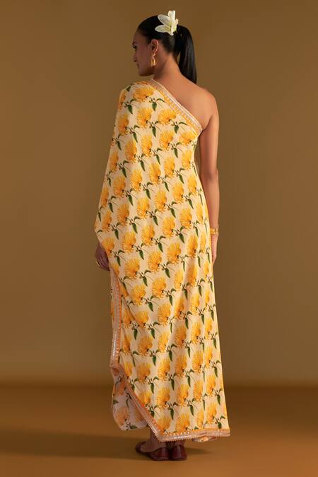 Shop_Masaba_Beige Crepe, Silk One Shoulder Mist Print Kaftan_at_Aza_Fashions