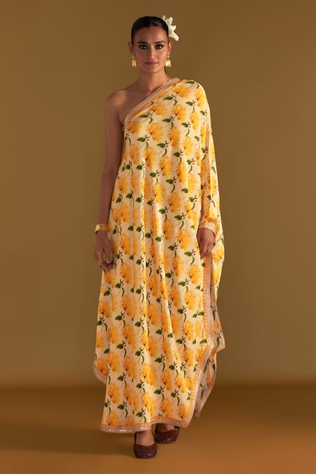 Masaba_Beige Crepe, Silk One Shoulder Mist Print Kaftan_Online_at_Aza_Fashions