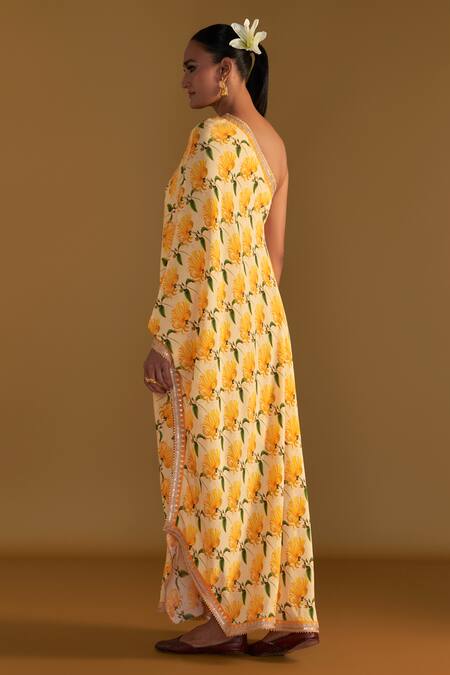 Buy_Masaba_Beige Crepe, Silk One Shoulder Mist Print Kaftan_Online_at_Aza_Fashions