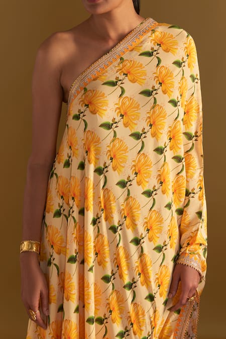 Shop_Masaba_Beige Crepe, Silk One Shoulder Mist Print Kaftan_Online_at_Aza_Fashions