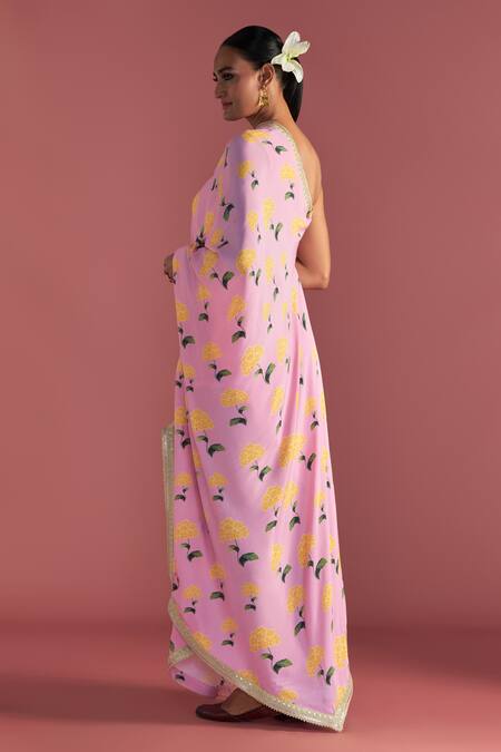 Shop_Masaba_Pink Crepe, Silk One Shoulder Honeycomb Print Kaftan_at_Aza_Fashions