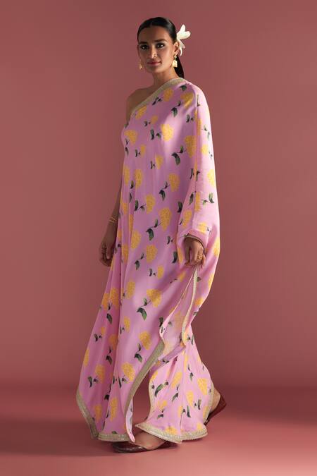 Masaba_Pink Crepe, Silk One Shoulder Honeycomb Print Kaftan_Online_at_Aza_Fashions