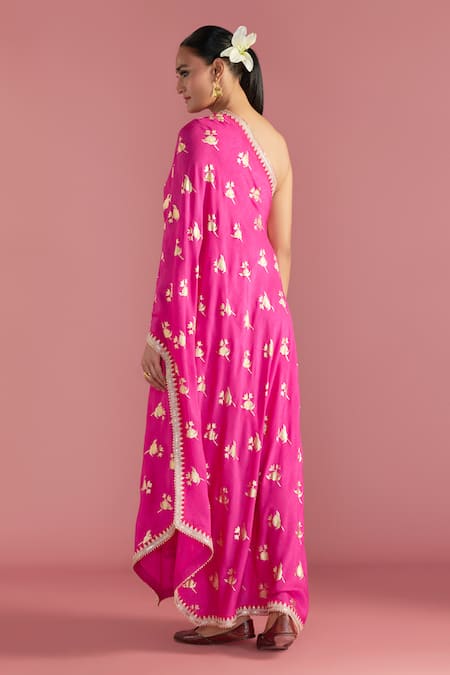 Shop_Masaba_Magenta Silk Embroidery One Shoulder Irisbud Print Kaftan_at_Aza_Fashions