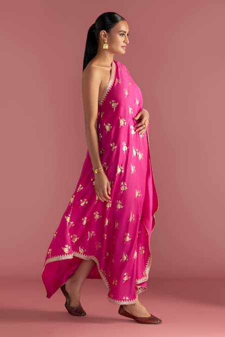 Masaba_Magenta Silk Embroidery One Shoulder Irisbud Print Kaftan_Online_at_Aza_Fashions