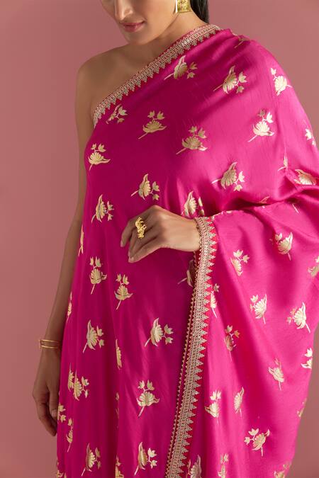 Shop_Masaba_Magenta Silk Embroidery One Shoulder Irisbud Print Kaftan_Online_at_Aza_Fashions