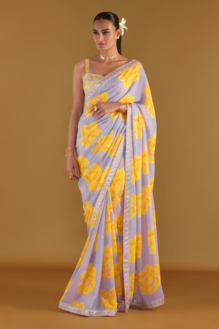 Masaba Purple Georgette, Silk Sunshine Mimosa Print Saree With Unstitched Blouse Piece Online at Aza Fashions Masaba_Purple Georgette, Silk Sunshine Mimosa Print Saree With Unstitched Blouse Piece_Online_at_Aza_Fashions