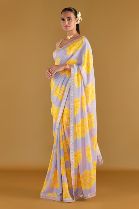 Buy Masaba Purple Georgette, Silk Sunshine Mimosa Print Saree With Unstitched Blouse Piece Online at Aza Fashions Buy_Masaba_Purple Georgette, Silk Sunshine Mimosa Print Saree With Unstitched Blouse Piece_Online_at_Aza_Fashions