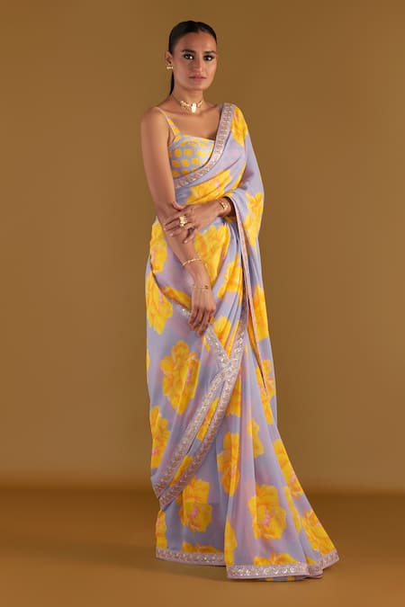 Shop Masaba Purple Georgette, Silk Sunshine Mimosa Print Saree With Unstitched Blouse Piece Online at Aza Fashions Shop_Masaba_Purple Georgette, Silk Sunshine Mimosa Print Saree With Unstitched Blouse Piece_Online_at_Aza_Fashions