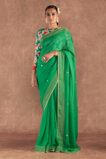 Masaba Green Saree- Organza Embroidered Pita Work With Printed Blouse Piece