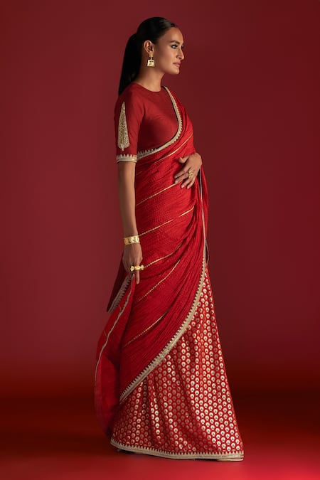 Masaba_Red Silk Gota Patti, Foil Honeycomb Crushed Palla Saree With Blouse Piece_Online_at_Aza_Fashions