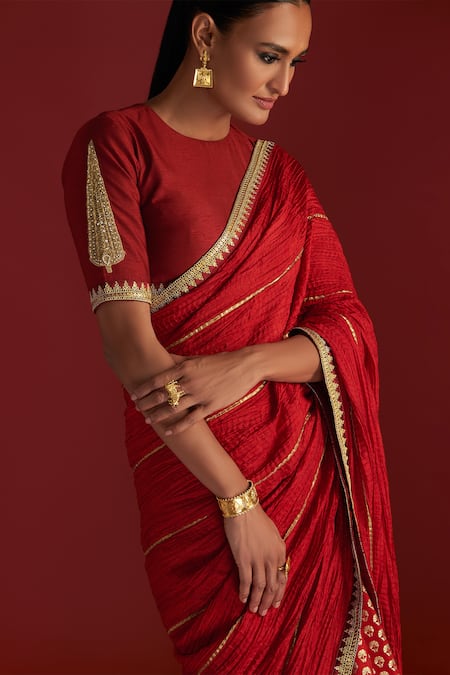 Buy_Masaba_Red Silk Gota Patti, Foil Honeycomb Crushed Palla Saree With Blouse Piece_Online_at_Aza_Fashions