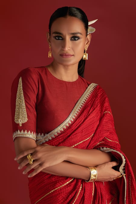 Shop_Masaba_Red Silk Gota Patti, Foil Honeycomb Crushed Palla Saree With Blouse Piece_Online_at_Aza_Fashions
