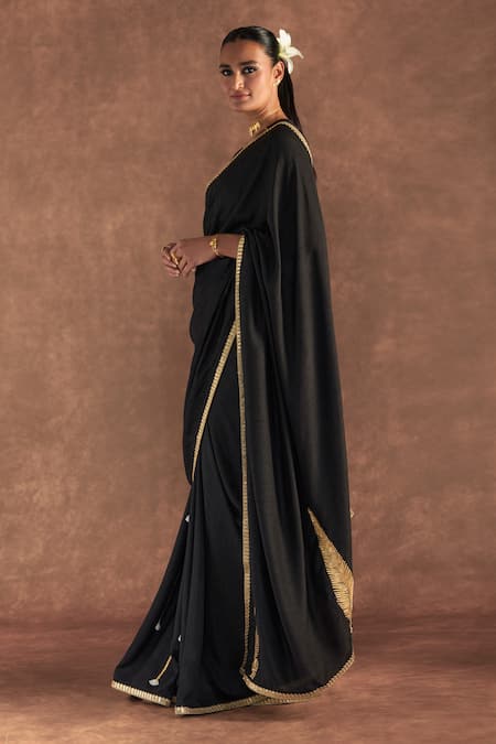 Masaba_Black Silk Gota Patti, Embroidery Round Neck Paan Saree With Blouse Piece _Online_at_Aza_Fashions