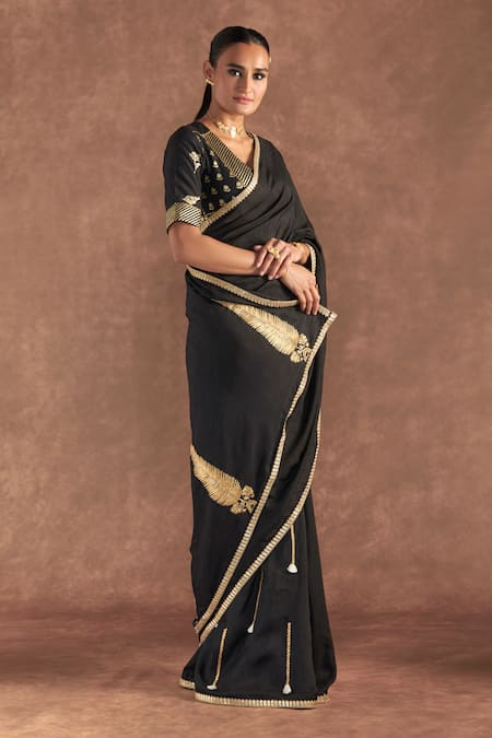 Buy_Masaba_Black Silk Gota Patti, Embroidery Round Neck Paan Saree With Blouse Piece _Online_at_Aza_Fashions