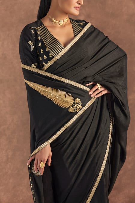 Shop_Masaba_Black Silk Gota Patti, Embroidery Round Neck Paan Saree With Blouse Piece _Online_at_Aza_Fashions