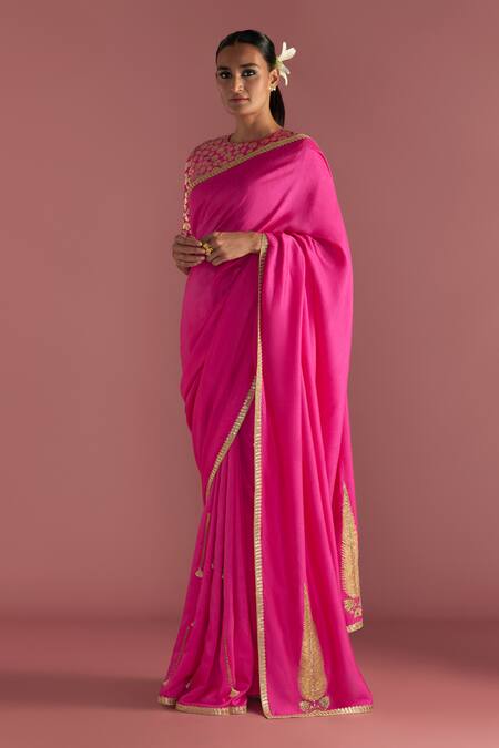 Masaba Magenta Silk Gota Patti, Embroidery Paan Motif Saree With Printed Blouse Piece Online at Aza Fashions Masaba_Magenta Silk Gota Patti, Embroidery Paan Motif Saree With Printed Blouse Piece_Online_at_Aza_Fashions