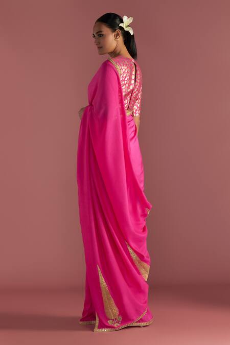 Buy Masaba Magenta Silk Gota Patti, Embroidery Paan Motif Saree With Printed Blouse Piece Online at Aza Fashions Buy_Masaba_Magenta Silk Gota Patti, Embroidery Paan Motif Saree With Printed Blouse Piece_Online_at_Aza_Fashions