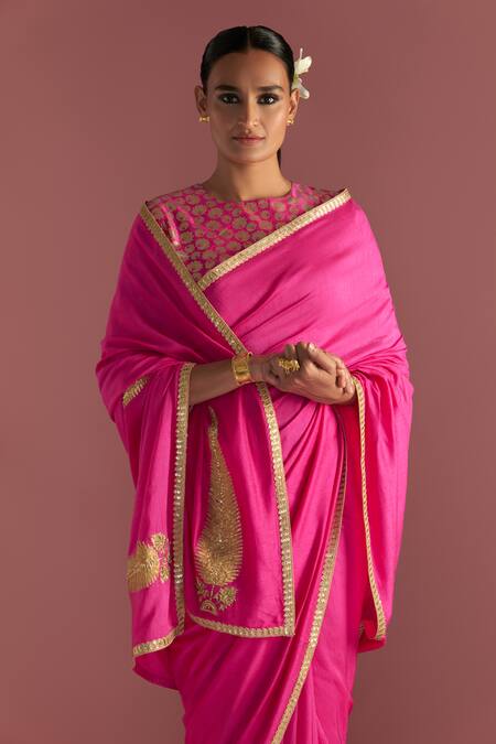 Shop Masaba Magenta Silk Gota Patti, Embroidery Paan Motif Saree With Printed Blouse Piece Online at Aza Fashions Shop_Masaba_Magenta Silk Gota Patti, Embroidery Paan Motif Saree With Printed Blouse Piece_Online_at_Aza_Fashions