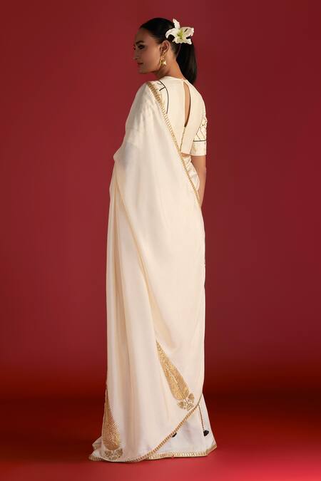 Shop Masaba Ivory Silk Gota Patti Paan Motif Saree With Patchwork Blouse Piece at Aza Fashions Shop_Masaba_Ivory Silk Gota Patti Paan Motif Saree With Patchwork Blouse Piece_at_Aza_Fashions