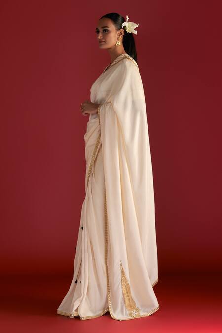Masaba Ivory Silk Gota Patti Paan Motif Saree With Patchwork Blouse Piece Online at Aza Fashions Masaba_Ivory Silk Gota Patti Paan Motif Saree With Patchwork Blouse Piece_Online_at_Aza_Fashions