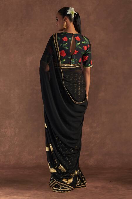 Shop Masaba Black Georgette, Silk Embroidery, Foil Springbud Saree With Blouse Piece at Aza Fashions Shop_Masaba_Black Georgette, Silk Embroidery, Foil Springbud Saree With Blouse Piece_at_Aza_Fashions