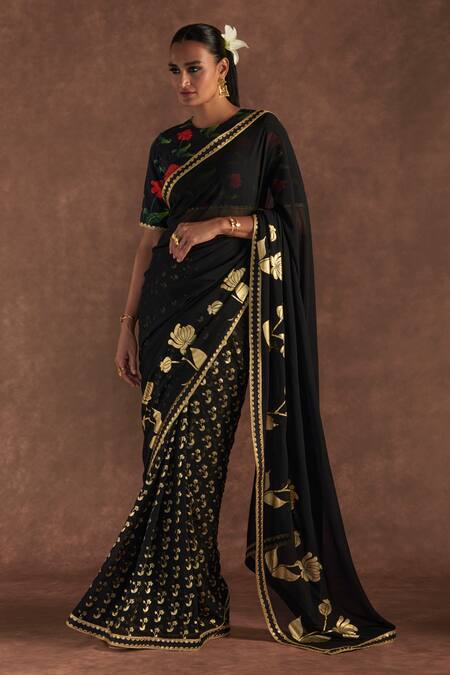 Masaba Black Georgette, Silk Embroidery, Foil Springbud Saree With Blouse Piece Online at Aza Fashions Masaba_Black Georgette, Silk Embroidery, Foil Springbud Saree With Blouse Piece_Online_at_Aza_Fashions
