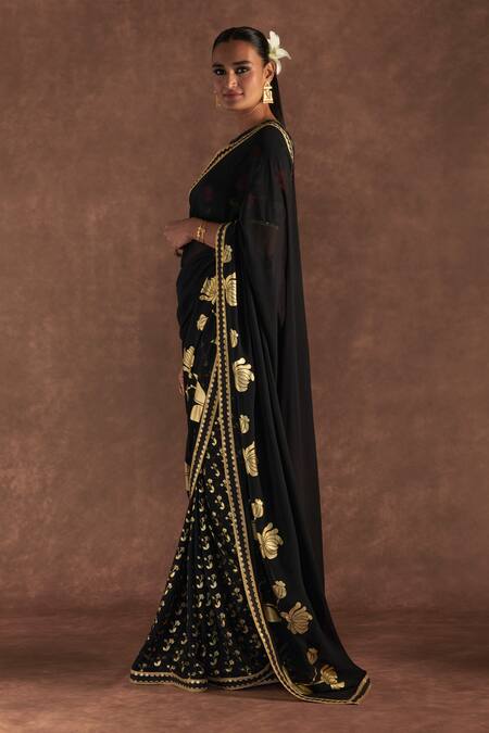 Buy Masaba Black Georgette, Silk Embroidery, Foil Springbud Saree With Blouse Piece Online at Aza Fashions Buy_Masaba_Black Georgette, Silk Embroidery, Foil Springbud Saree With Blouse Piece_Online_at_Aza_Fashions