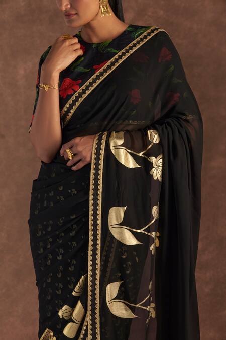 Shop Masaba Black Georgette, Silk Embroidery, Foil Springbud Saree With Blouse Piece Online at Aza Fashions Shop_Masaba_Black Georgette, Silk Embroidery, Foil Springbud Saree With Blouse Piece_Online_at_Aza_Fashions