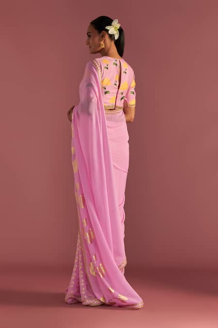 Shop Masaba Pink Georgette, Silk Embroidery, Foil Springbud Saree With Raw Blouse Piece at Aza Fashions Shop_Masaba_Pink Georgette, Silk Embroidery, Foil Springbud Saree With Raw Blouse Piece_at_Aza_Fashions