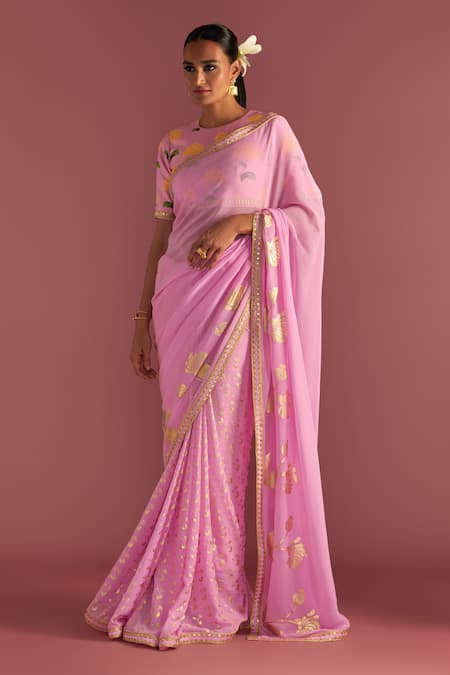 Masaba Pink Georgette, Silk Embroidery, Foil Springbud Saree With Raw Blouse Piece Online at Aza Fashions Masaba_Pink Georgette, Silk Embroidery, Foil Springbud Saree With Raw Blouse Piece_Online_at_Aza_Fashions