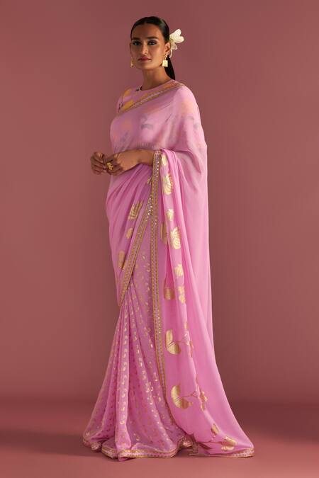 Buy Masaba Pink Georgette, Silk Embroidery, Foil Springbud Saree With Raw Blouse Piece Online at Aza Fashions Buy_Masaba_Pink Georgette, Silk Embroidery, Foil Springbud Saree With Raw Blouse Piece_Online_at_Aza_Fashions