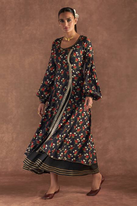 Masaba_Black Raw Silk Printed Irisbud U Neck Kurta Dress_Online_at_Aza_Fashions