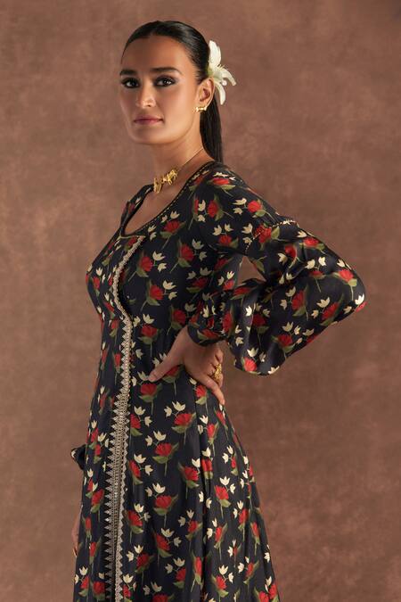 Buy_Masaba_Black Raw Silk Printed Irisbud U Neck Kurta Dress_Online_at_Aza_Fashions