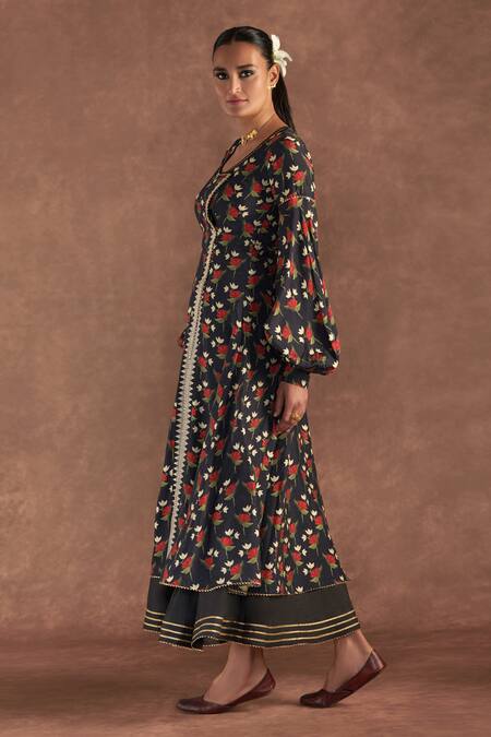 Shop_Masaba_Black Raw Silk Printed Irisbud U Neck Kurta Dress_Online_at_Aza_Fashions