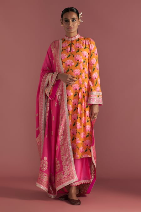 Masaba Pink Kurta-crepe Silk Digital Printed Mist Patterns Mandarin Kurta Culotte Set