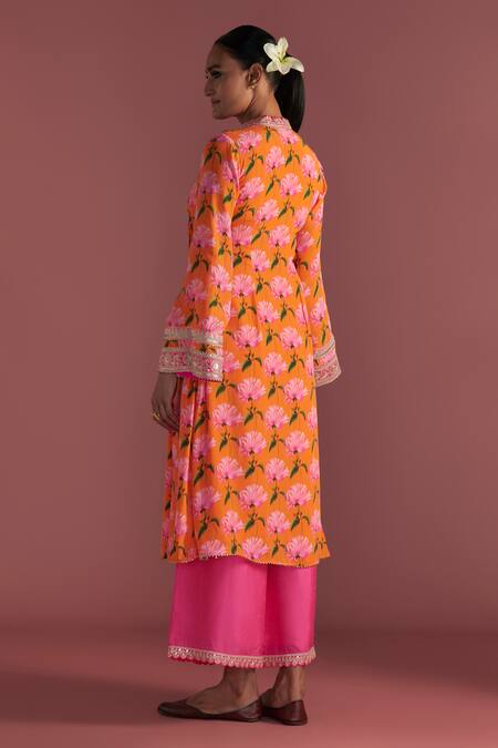 Shop_Masaba_Pink Crepe, Silk, Brocade Embroidery Mandarin Mist Print Kurta Culotte Set_at_Aza_Fashions