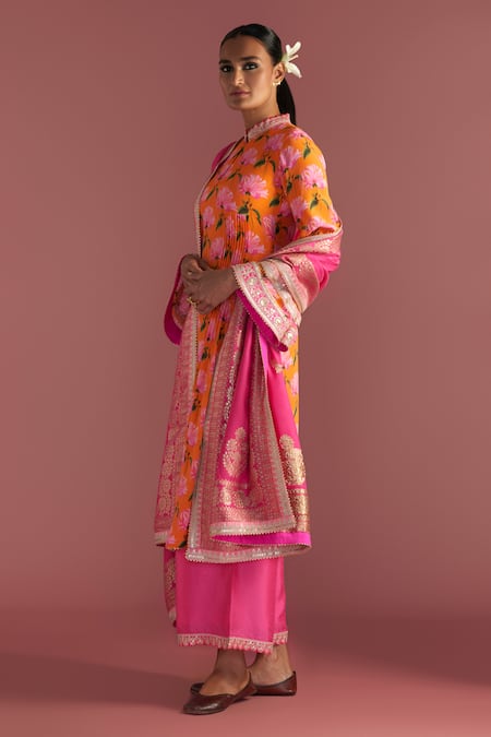 Masaba_Pink Crepe, Silk, Brocade Embroidery Mandarin Mist Print Kurta Culotte Set_Online_at_Aza_Fashions
