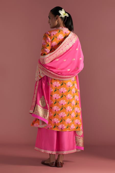 Buy_Masaba_Pink Crepe, Silk, Brocade Embroidery Mandarin Mist Print Kurta Culotte Set_Online_at_Aza_Fashions