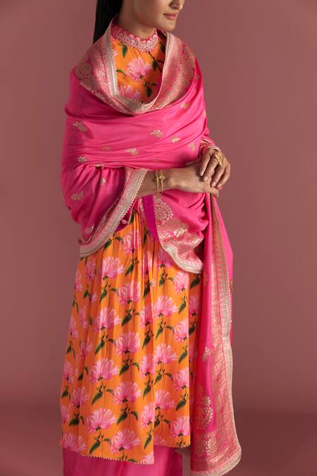 Shop_Masaba_Pink Crepe, Silk, Brocade Embroidery Mandarin Mist Print Kurta Culotte Set_Online_at_Aza_Fashions