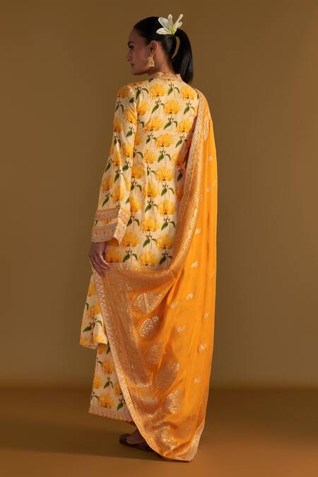 Shop_Masaba_Beige Silk, Brocade Embroidery Mandarin Mist Floral Print Kurta Culotte Set_at_Aza_Fashions