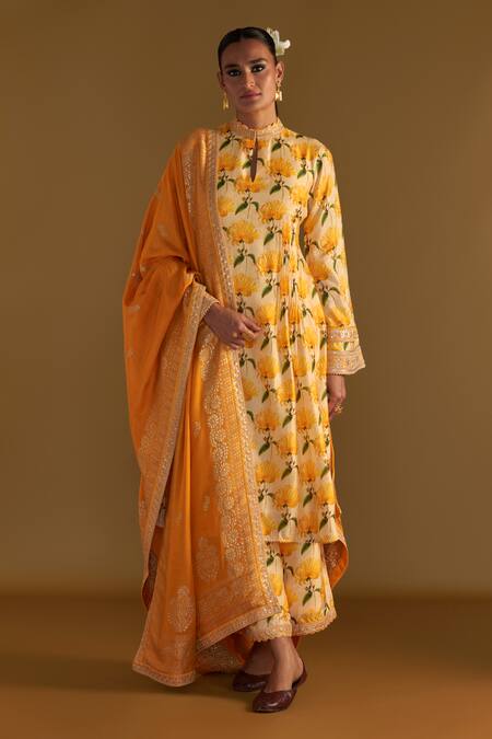 Masaba_Beige Silk, Brocade Embroidery Mandarin Mist Floral Print Kurta Culotte Set_Online_at_Aza_Fashions