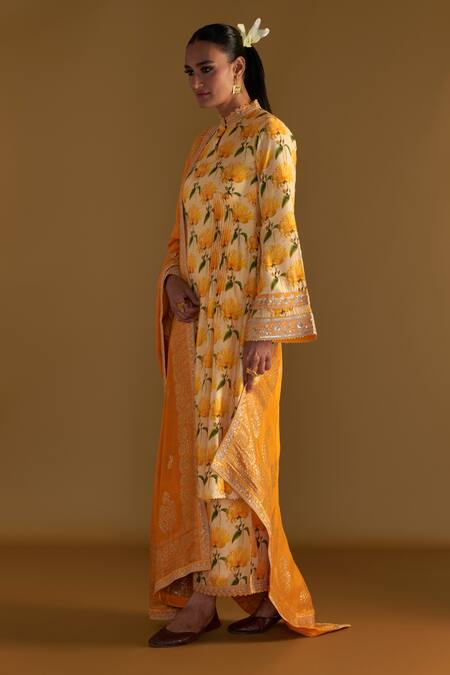 Buy_Masaba_Beige Silk, Brocade Embroidery Mandarin Mist Floral Print Kurta Culotte Set_Online_at_Aza_Fashions