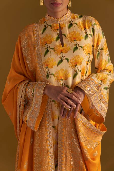 Shop_Masaba_Beige Silk, Brocade Embroidery Mandarin Mist Floral Print Kurta Culotte Set_Online_at_Aza_Fashions
