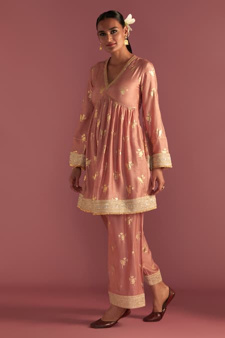 Shop_Masaba_Pink Silk Embroidery, Zari, Foil Printing V-neck Irisbud Kurta And Salwar Set _at_Aza_Fashions