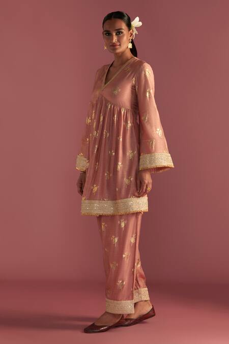 Masaba_Pink Silk Embroidery, Zari, Foil Printing V-neck Irisbud Kurta And Salwar Set _Online_at_Aza_Fashions