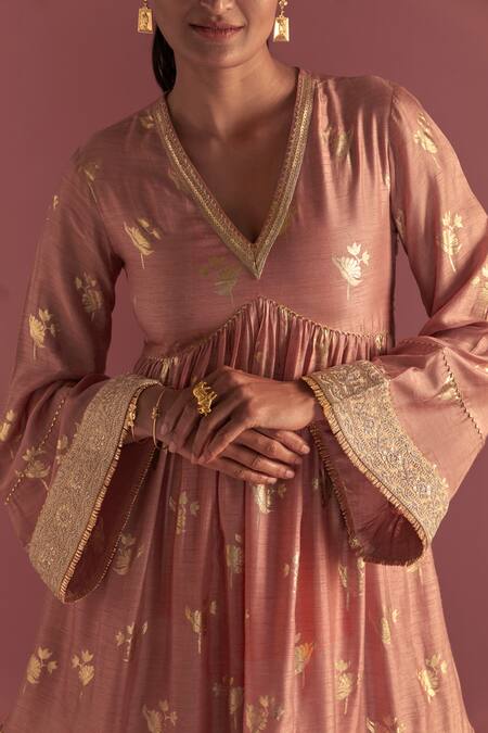 Buy_Masaba_Pink Silk Embroidery, Zari, Foil Printing V-neck Irisbud Kurta And Salwar Set _Online_at_Aza_Fashions