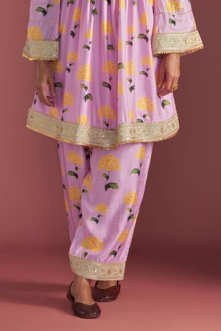 Masaba Pink Silk Embroidery V-neck Honeycomb Print Gathered Kurta And Salwar Set Online at Aza Fashions Masaba_Pink Silk Embroidery V-neck Honeycomb Print Gathered Kurta And Salwar Set_Online_at_Aza_Fashions