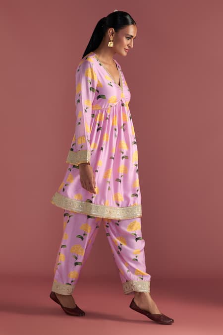 Shop Masaba Pink Silk Embroidery V-neck Honeycomb Print Gathered Kurta And Salwar Set Online at Aza Fashions Shop_Masaba_Pink Silk Embroidery V-neck Honeycomb Print Gathered Kurta And Salwar Set_Online_at_Aza_Fashions