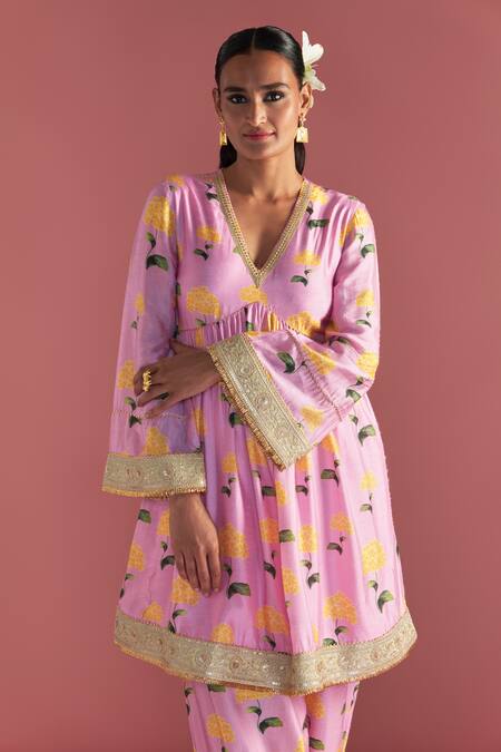 Masaba Pink Silk Embroidery V-neck Honeycomb Print Gathered Kurta And Salwar Set at Aza Fashions Masaba_Pink Silk Embroidery V-neck Honeycomb Print Gathered Kurta And Salwar Set_at_Aza_Fashions