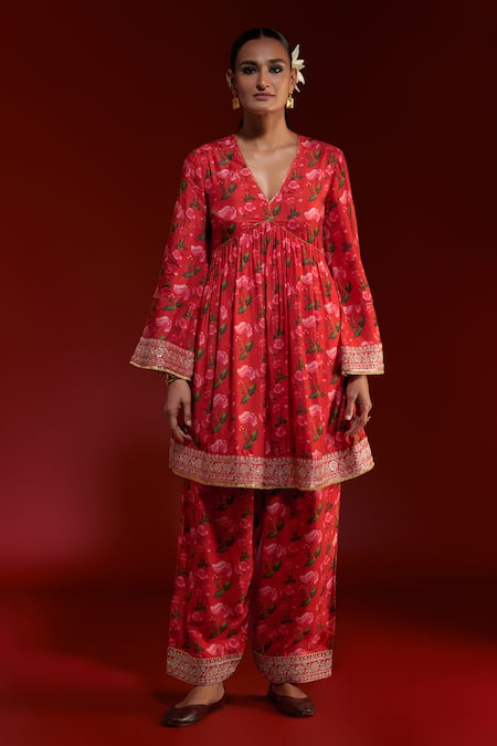 Masaba Red Raw Silk Digital Printed Rain Lily V Neck Gathered Kurta And Salwar Set